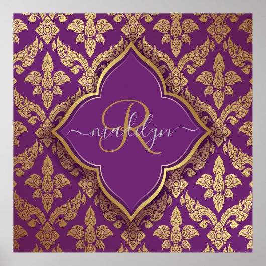 Royal Lila Gold Damask Muster Fleur Monogram Poster (Vorne)