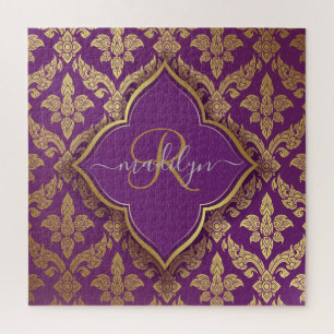 Royal Lila Gold Damask Muster Fleur Monogram Puzzle