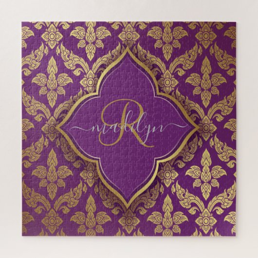 Royal Lila Gold Damask Muster Fleur Monogram Puzzle (Vertikal)
