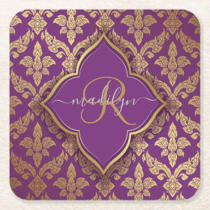 Royal Lila Gold Damask Muster Fleur Monogram Rechteckiger Pappuntersetzer