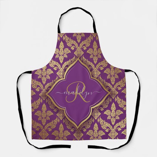 Royal Lila Gold Damask Muster Fleur Monogram Schürze (Vorderseite)