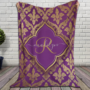 Royal Lila Gold Damask Muster Fleur Monogram Sherpadecke