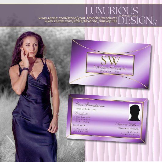 Royal Lila Gold Deco mit Monogramm und Foto Visitenkarte