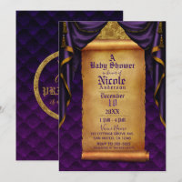 Royal Lila & Gold Drapes Scroll Baby Dusche