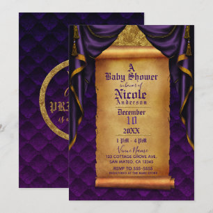 Royal Lila & Gold Drapes Scroll Baby Dusche Einladung