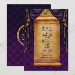Royal Lila & Gold Drapes Scroll Engagement Party Einladung