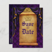 Royal Lila Gold Drapes Scroll Wedding Rett Date Ankündigungspostkarte (Vorne/Hinten)