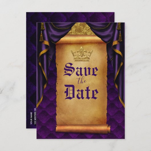 Royal Lila Gold Drapes Scroll Wedding Rett Date Ankündigungspostkarte (Vorne/Hinten)