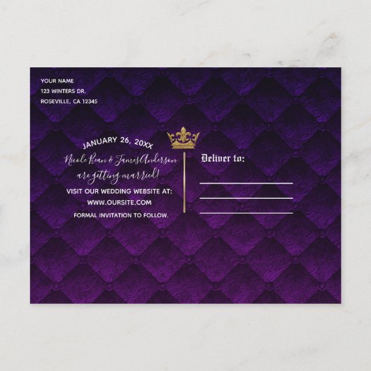 Royal Lila Gold Drapes Scroll Wedding Rett Date Ankündigungspostkarte (Rückseite)