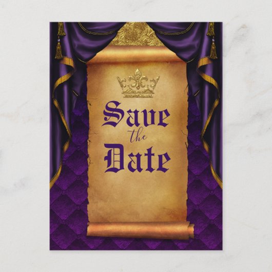 Royal Lila Gold Drapes Scroll Wedding Rett Date Ankündigungspostkarte (Vorderseite)