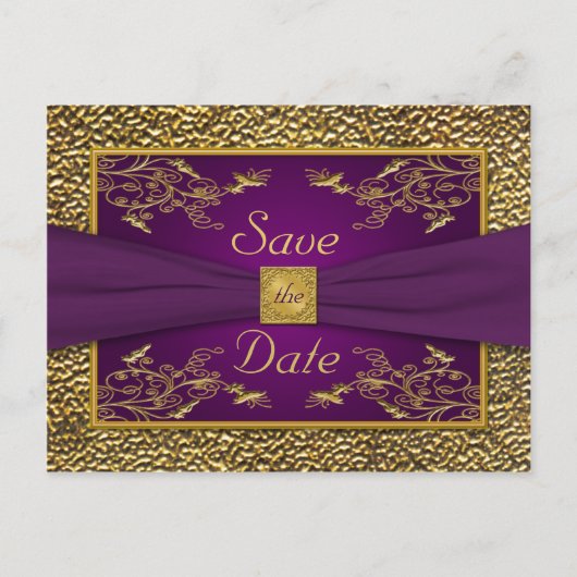 Royal Lila, Gold Floral Save the Date Postkarte (Vorderseite)