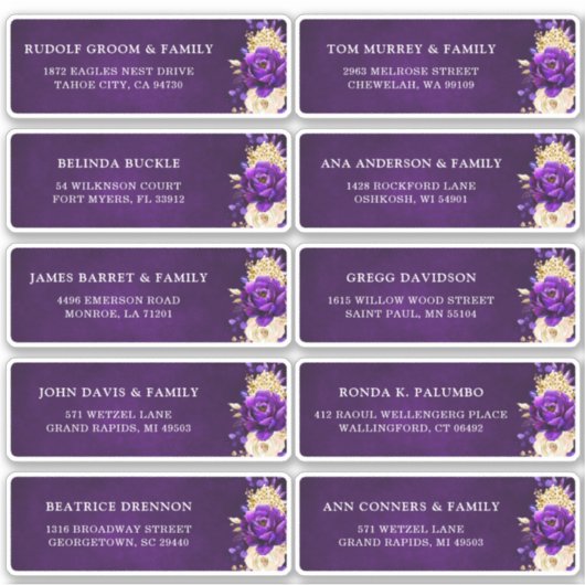 Royal Lila Gold Floral Wedding Guest Address Aufkleber (Vorderseite)