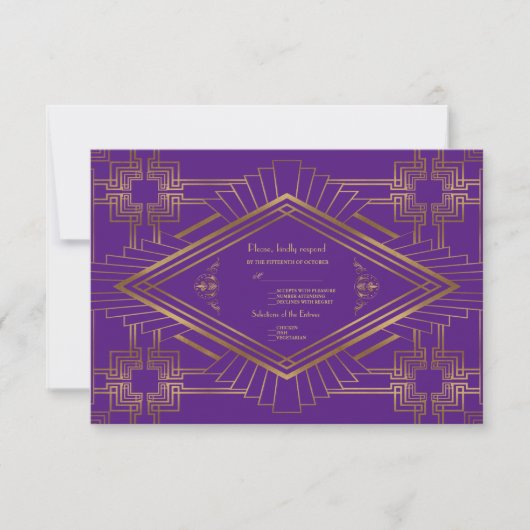 Royal Lila Gold Great Gatsby Wedding RSVP Karte (Vorderseite)