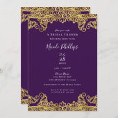 Royal Lila & Gold Lace Elegantes Brautparty Einladung (Vorne/Hinten)