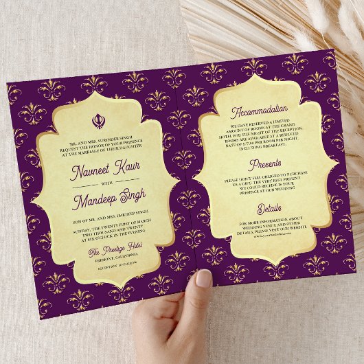 Royal Lila Gold Verziert Anand Karaj Sikh Wedding Einladung