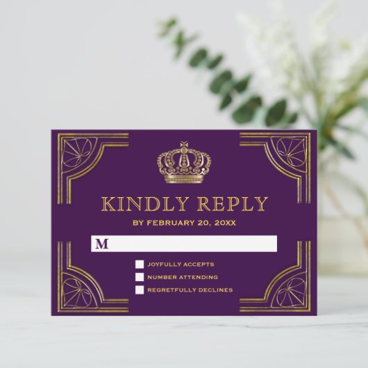 Royal Lila Gold Verziert Crown UAWG RSVP Karte (Stehend Vorderseite)