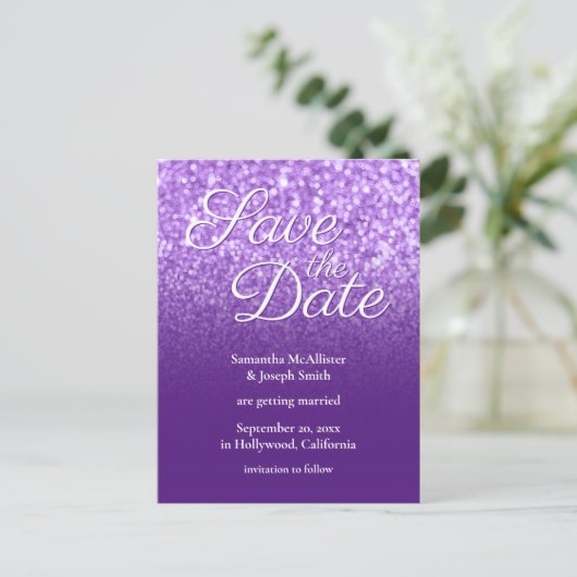 Royal Lila Ombre Bokeh Glitzer Save the Date Postkarte (Stehend Vorderseite)
