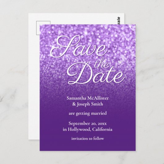 Royal Lila Ombre Bokeh Glitzer Save the Date Postkarte (Vorne/Hinten)