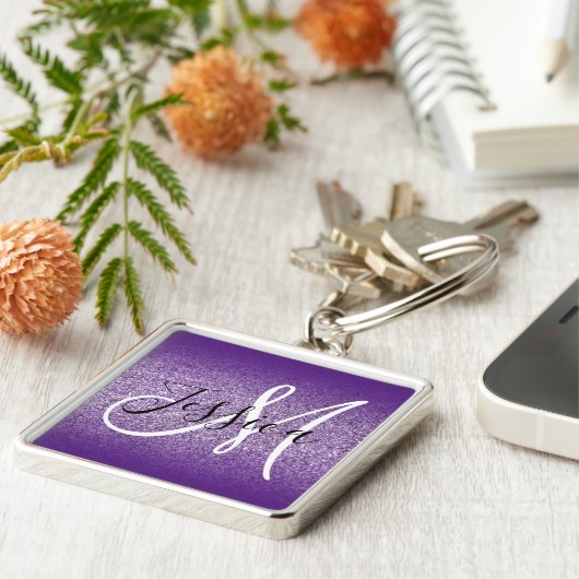 Royal Lila Ombre Edge Amethyst Glitzer Monogram Schlüsselanhänger (Seite)