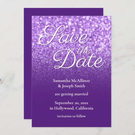 Royal Lila Ombre Glitzer Save the Date Einladung (Vorne/Hinten)