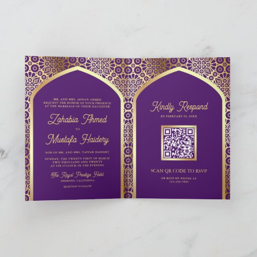 Royal Lila Persian Arch QR Code Muslim Wedding Einladung (Innenseite)