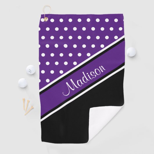 Royal Lila Polka Dot Black Diagonal Script Name Golfhandtuch (Insitu)