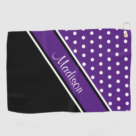 Royal Lila Polka Dot Black Diagonal Script Name Golfhandtuch (Horizontal)