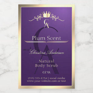 Royal Lila Product Label Gold Frame und Monogram Lebensmitteletikett