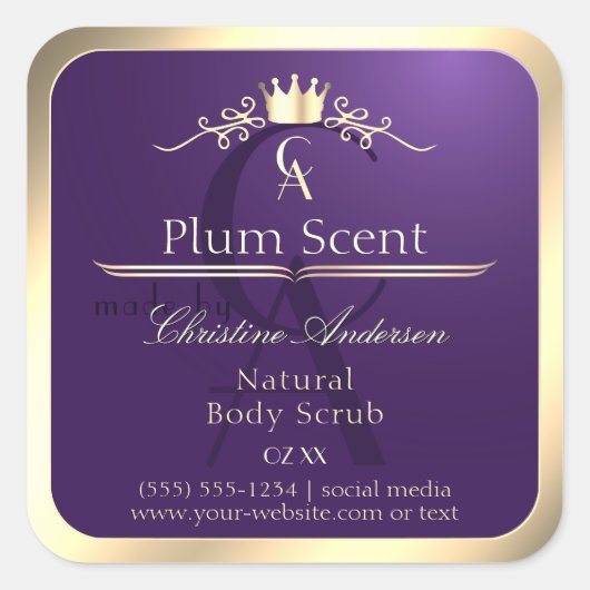 Royal Lila Product Label Gold Frame und Monogram Quadratischer Aufkleber (Vorderseite)