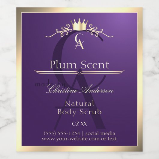 Royal Lila Product Label Gold Frame und Monogram Weinetikett (Einzelnes Label)