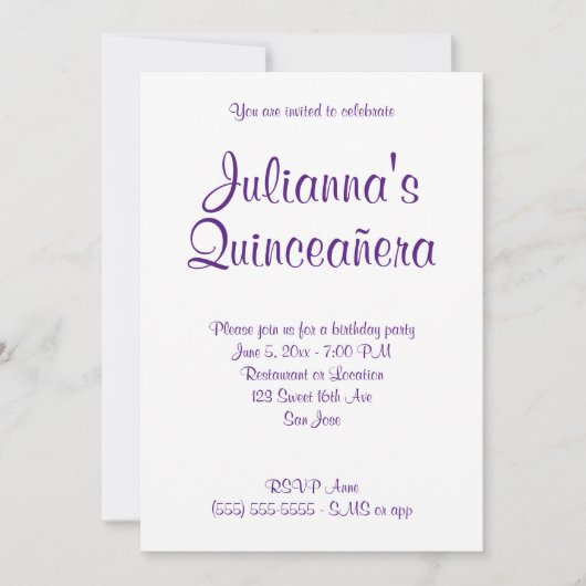 Royal Lila Quinceañera Calligraphy Geburtstag Einladung (Vorderseite)