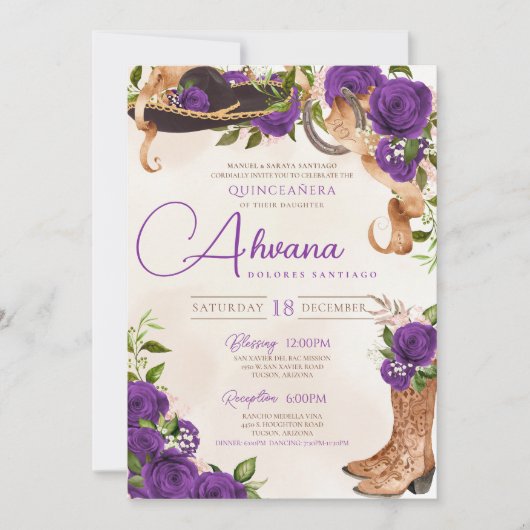 Royal Lila Quinceanera Violet Charra Western Einladung (Vorderseite)