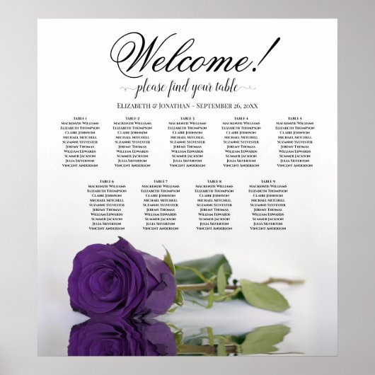 Royal Lila Rose 9 Tabelle Hochzeitskarte Poster (Vorne)