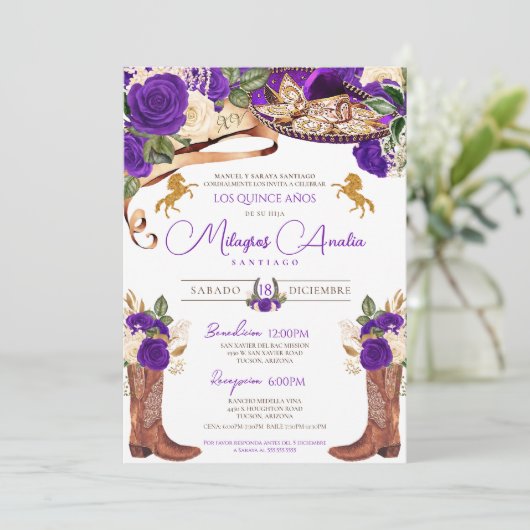 Royal Lila Rose Extravagant Western Charro Einladung (Stehend Vorderseite)