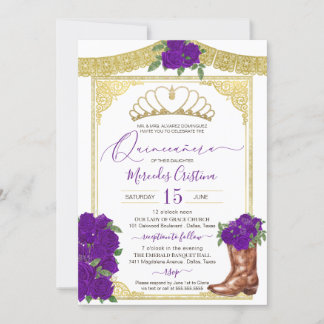 Royal Lila Rose Gold Floral Charro Quinceanera Einladung