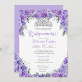 Royal Lila Rose & Silver Tiara Quinceanera Einladung (Vorne/Hinten)