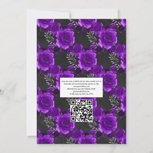 Royal Lila & Silver Floral QR Code UAWG Wedding Einladung (Rückseite)