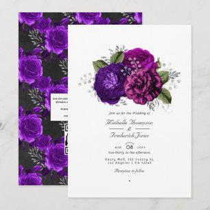 Royal Lila & Silver Floral QR Code UAWG Wedding Einladung