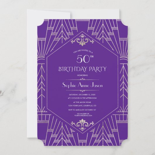 Royal Lila Silver Great Gatsby Birthday Party Einladung (Vorderseite)