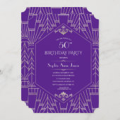 Royal Lila Silver Great Gatsby Birthday Party Einladung (Vorne/Hinten)