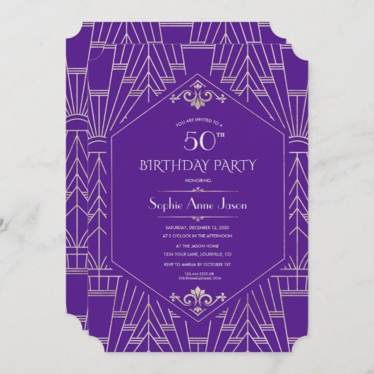 Royal Lila Silver Great Gatsby Birthday Party Einladung (Vorne/Hinten)