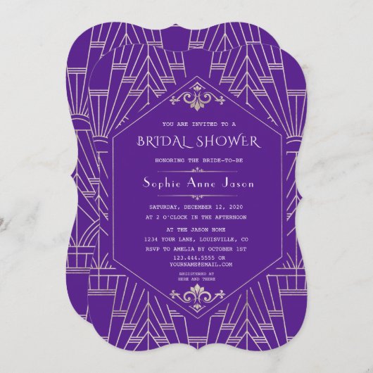 Royal Lila Silver Great Gatsby Brautparty Einladung (Vorne/Hinten)