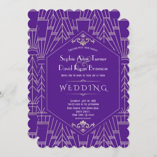 Royal Lila Silver Great Gatsby Hochzeit der 20er J Einladung (Vorne/Hinten)
