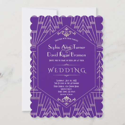 Royal Lila Silver Great Gatsby Hochzeit der 20er J Einladung (Vorderseite)