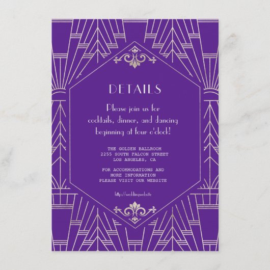 Royal Lila Silver Great Gatsby Wedding Details Begleitkarte (Vorderseite)