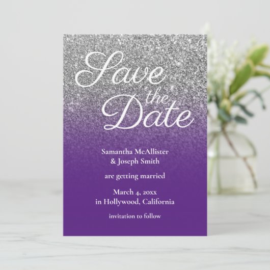 Royal Lila Silver Ombre Glitzer Save the Date Einladung (Stehend Vorderseite)