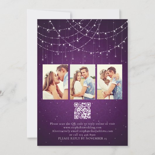 Royal Lila String Lights 3 Foto QR Code Wedding Einladung (Rückseite)