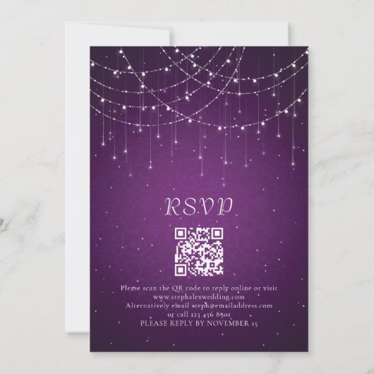 Royal Lila Swirl & String Lights QR Code Wedding Einladung (Rückseite)