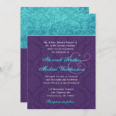 Royal Lila und Aqua Blue Damask Hochzeit Metallic Einladung (Vorne/Hinten)
