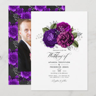 Royal Lila und Silver Floral Wedding Foto Einladung